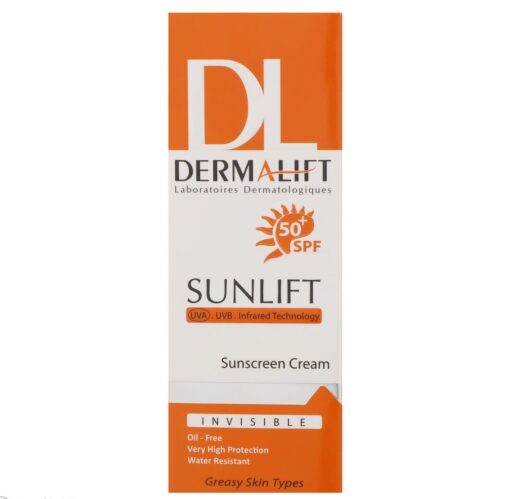 کرم ضد آفتاب بدون رنگ درمالیفت SPF50 محافظ UVAUVB ضد آب مناسب پوست چرب